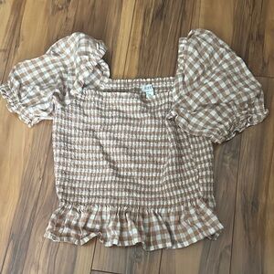 J. Crew Tan and White Gingham Puff Sleeve Blouse